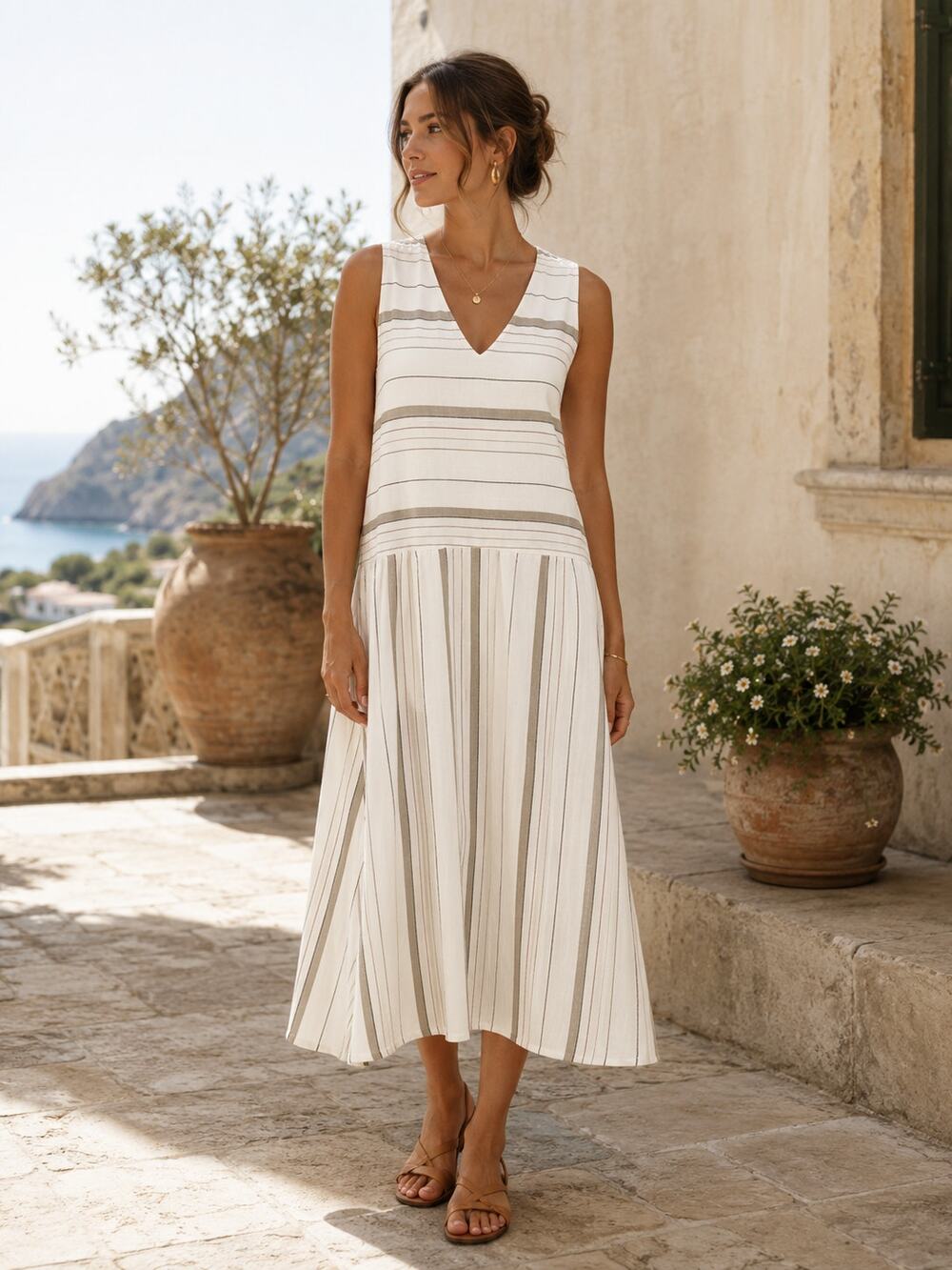 Nordstrom Collection Silk Dress Womens 6 Ivory Stripe Sleeveless Midi V Neck